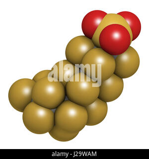 Perfluorooctanesulfonic acid (perfluorooctane sulfonate, PFOS) persistent organic pollutant molecule. 3D rendering. Atoms are represented as spheres w Stock Photo