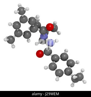 Tebufenozide insecticide molecule. 3D rendering. Atoms are represented as spheres with conventional color coding: hydrogen (white), carbon (grey), nit Stock Photo