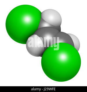 trans-1,3-dichloropropene (dichloropropene) pesticide molecule. 3D rendering. Atoms are represented as spheres with conventional color coding: hydroge Stock Photo