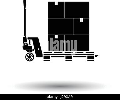 Hand hydraulic pallet truc with boxes icon. Black background with white. Vector illustration. Stock Vector