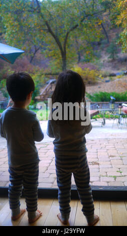 twins boy and girl Asian black hair looking Stock Photo
