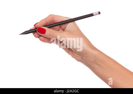 Close up of woman's hand with red nails holding black pencil ball pen. Studio shot isolated on white. Stock Photo