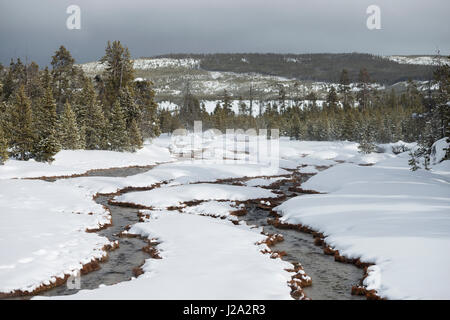Yellowstone National Park, Continental Divide, open waters, small creeks running down through snow covered woods, Wyoming, USA. Stock Photo