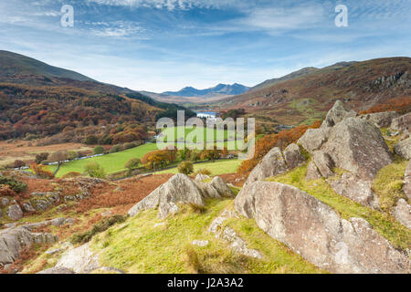 Snowdon horseshoe and Llynnau Mymbyr  with autumn colours   autumn  Snowdonia, Wales, UK Stock Photo