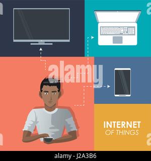 internet things man with smartphone tv laptop wireless Stock Vector