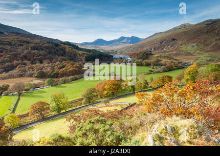 Snowdon horseshoe and Llynnau Mymbyr  with autumn colours   autumn  Snowdonia, Wales, UK Stock Photo