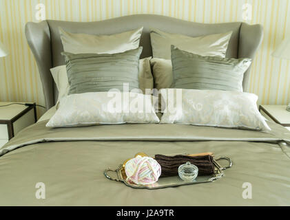 tray of crochet on bed in luxury bedroom Stock Photo