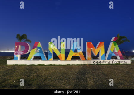 PANAMA CITY, PANAMA - JANUARY 1st, 2017: When the Panama sign was constructed in downtown Panama City, it has become one of the most photographed land Stock Photo