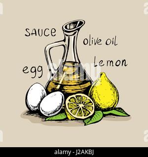 Mayonnaise sauce from vegetable oil, egg yolks and lemon juice. Stock Vector
