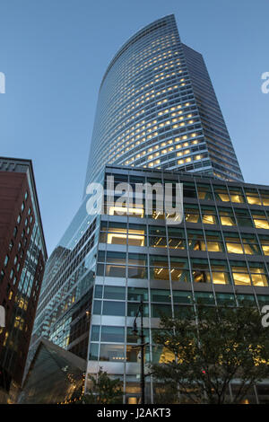 Goldman Sachs main office building at 200 West street in the evening as seen from Vesey Street. Stock Photo