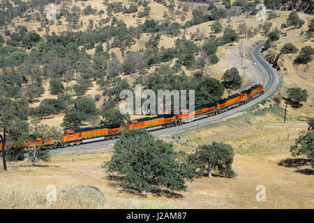 BNSF powered freight train near Tehachapi Loop, California, USA Stock Photo