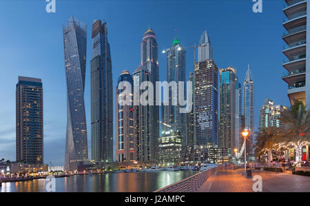 DUBAI, UAE - MARCH 22, 2017: The evening Marina towers. Stock Photo