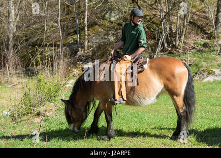 Brakne Hoby, Sweden - April 22, 2017: Documentary of small public farmers day. Young male archer on horseback. Stock Photo