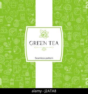 Tea seamless background with thin line icons - green tea pattern Stock Vector