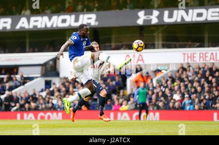 Romelu Lukaku of Everton jumps to reach the ball during the Premier League match between Tottenham Hotspur and Everton at White Hart Lane in London. March 5, 2017. James Boardman / Telephoto Images EDITORIAL USE ONLY  FA Premier League and Football League images are subject to DataCo Licence see www.football-dataco.com Stock Photo