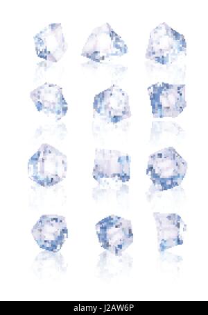 Set of twelve transparent ice cubes on white backgriund. 3d realistic vector mesh. Stock Vector
