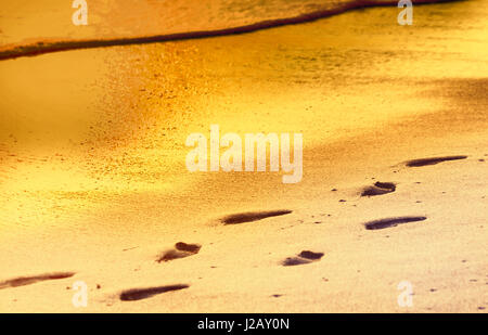 Footprints in sand at rays of sun Stock Photo