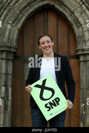 SNP MP Mhairi Black on the local election campaign trail at Paisley Abbey. Stock Photo