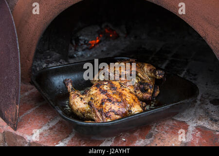 Close-up of roasted chicken in baking tray at oven Stock Photo