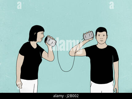 Illustration of couple communicating through tin-can phones against colored background Stock Photo