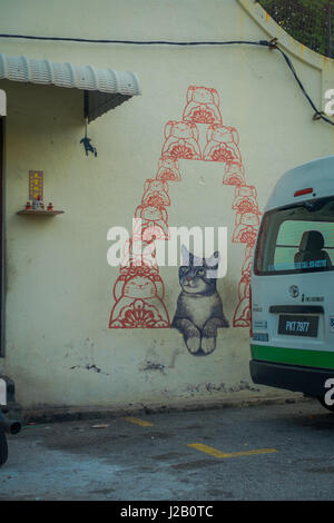 George Town, Malaysia - March 10, 2017: Love Me Like Your Fortune Cat mural, street art in the city. Stock Photo