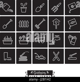 Collection of 20 gardening vector line icons, negative in black rounded squares Stock Vector