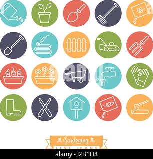 Vector collection of 20 round colored gardening line icons Stock Vector