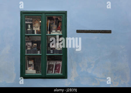 Books of Franz Kafka displayed in the bookshop window in the house number 22 in Golden Line in Prague Castle in Prague, Czech Republic. Franz Kafka lived in this house for approximately two years between 1916 and 1917. Stock Photo