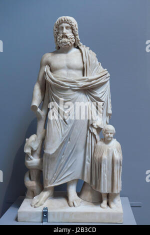 Asclepius and Telesphorus. Roman marble copy dated from the 1st or 2nd century AD after a Greek original from the 4th century BC on display in the Musee des Beaux-Arts de Tours (Museum of Fine Arts) in Tours, Indre-et-Loire, France. Stock Photo