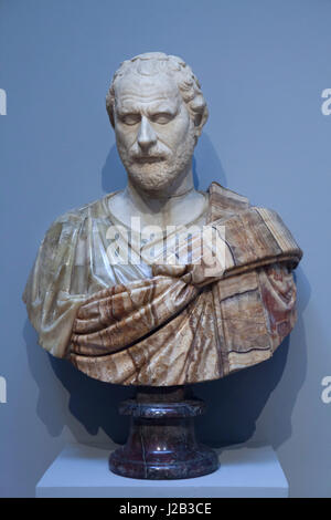 Greek statesman and orator Demosthenes (384-322 BC). Roman marble bust from the 2nd century AD based on a Greek original on display in the Musee des Beaux-Arts de Tours (Museum of Fine Arts) in Tours, Indre-et-Loire, France. Stock Photo