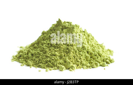 Green matcha tea powder isolated on white background. Stock Photo