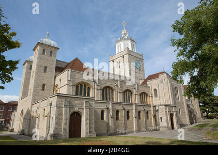 Sunny summers day view of Portsmouth Cathedral in Spice Island. Low angle with detail against a blue sky with light cloud. Stock Photo