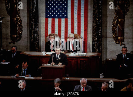 Polish Solidarity leader and Nobel Peace Prize winner Lech Walesa addresses a joint session of the US Congress in Washington DC., November 15, 1989.  Photo by Mark Reinstein Stock Photo