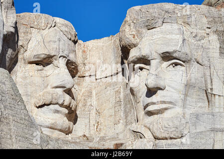 Close up picture of Mount Rushmore National Memorial with Theodore Roosevelt and Abraham Lincoln, South Dakota, USA. Stock Photo