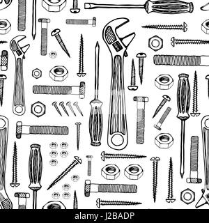 Building tools seamless pattern. Hand drawn retro illustration, pen and ink. Vector tileable background, black contour isolated on white Stock Vector
