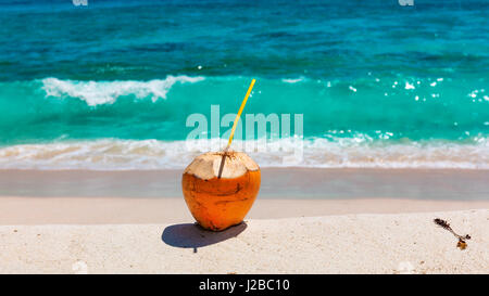 Coconut with drinking straw on tropical beach Stock Photo