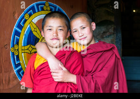 Very young, happy, Buddhist monks, Chimi Lhakhang, Bhutan Stock Photo