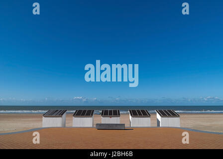 Beach cabins in summer on the North Sea beach of Ostend near Bruges, Belgium. Stock Photo