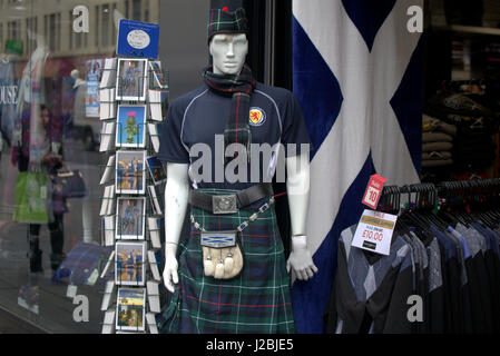 Scotland flag rugby shirt kilt sporran kitsch  6 nations shirt flag postcards shop window Stock Photo