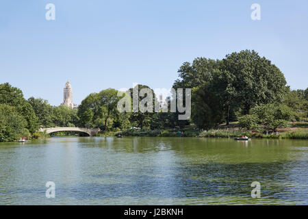 Central Park pond view and white bow bridge in a sunny day in New York Stock Photo