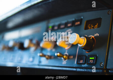 Airbus A320 autopilot instrument panel and controls. Flight Control Unit (FCU) with knobs, dials and buttons. Stock Photo