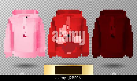 Hoody set. Realistic mockup. Long sleeve hoody template on transparent background. Pink, red and vinous version Stock Vector