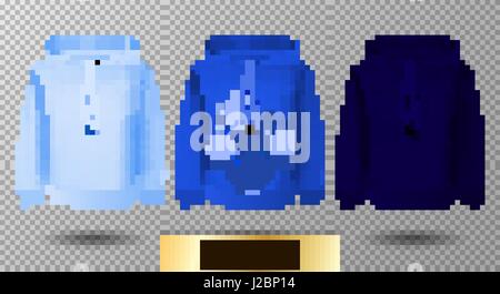 Hoody set. Realistic mockup. Long sleeve hoody template on transparent background. Light, normal and dark blue version. Stock Vector