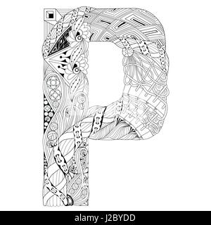 Letter P for coloring. Vector decorative zentangle object Stock Vector