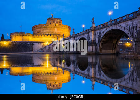 View of the Mausoleum of Hadrian, Saint Angelo castle, Castel Sant'Angelo (Castle of the Holy Angel) from the Ponte Sant'Angelo bridge in Rome, Italy  Stock Photo