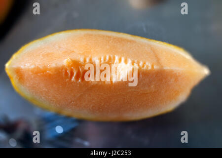 Close-up of slice of cantaloupe Stock Photo
