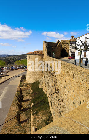 View down the tower and wall of Estudi's Gate in the walled city of Morella in the Province of Castellon Spain Stock Photo