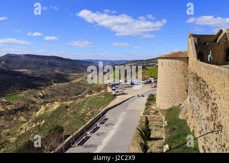 View down the tower and wall of Estudi's Gate in the walled city of Morella in the Province of Castellon Spain Stock Photo
