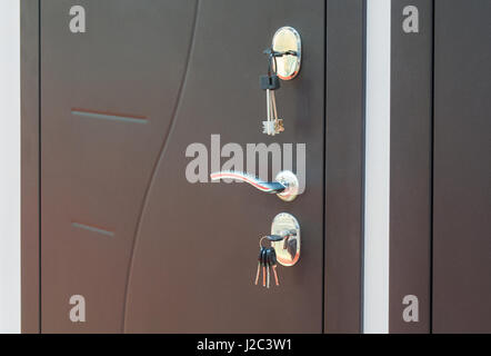 Exterior metal door with keys in the locks Stock Photo