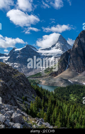 Mt. Assiniboine, Mount Magog, and Sunburst Lake as seen from the Nublet Stock Photo